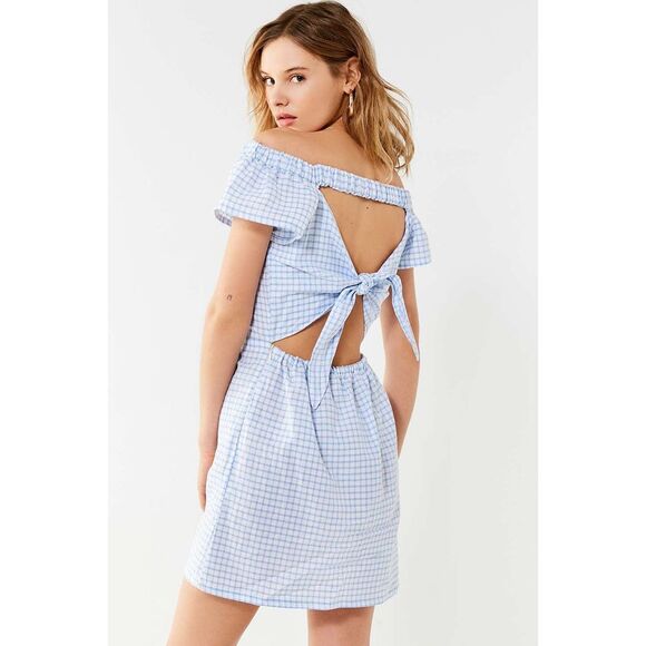Cleobella Lou Lou Off-The Shoulder Buttondown Gingham Mini Dress $169 Small - Picture 1 of 4